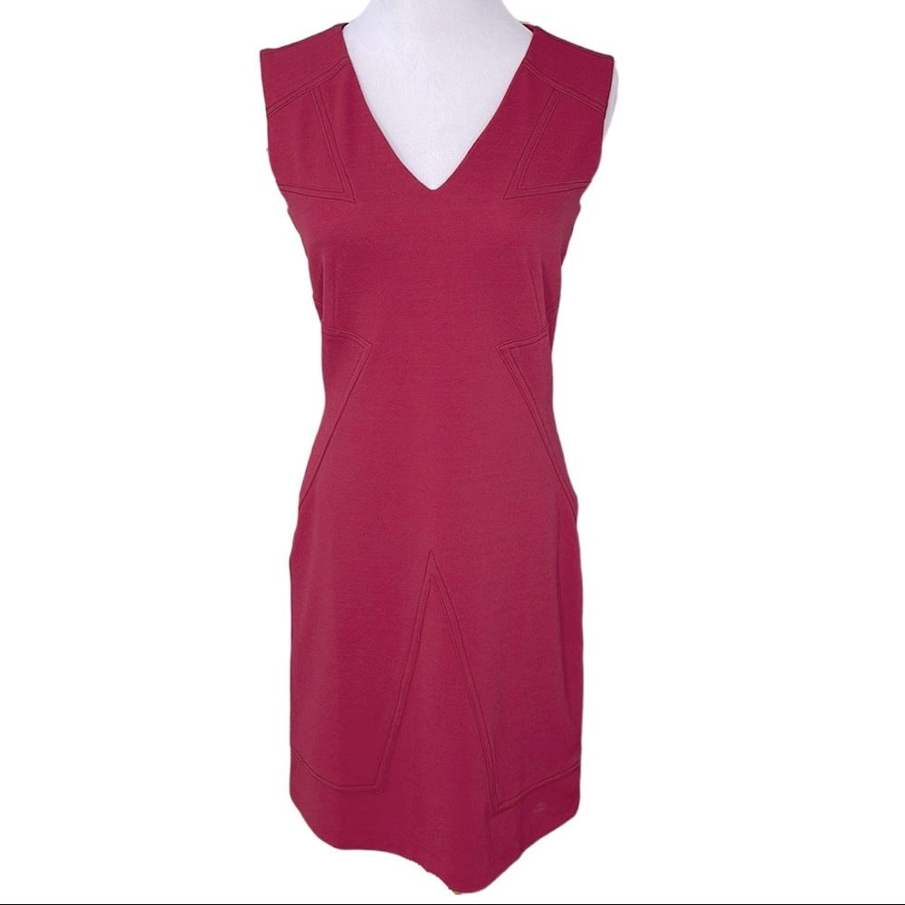 Tracy Negoshian Pink Fuchsia with Black Stitching Sleeveless V-Neck Sheath Dress